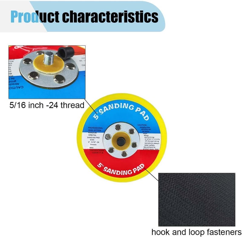 BDZMC 2 PCS 5" Hook and Loop Backing Pads, Dual Action Sanding Pad, 5/16" Arbor 24 Thread Polisher Backing Pad for Air Orbital Sander, 12000RPM Sanding Pads for Finishing Polishing Buffing - Image 4